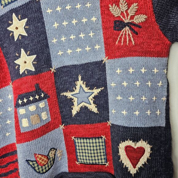 PBJ Sport Vintage Sweater Women's Large Chunky Knit Americana Patchwork Folk - Picture 4 of 9